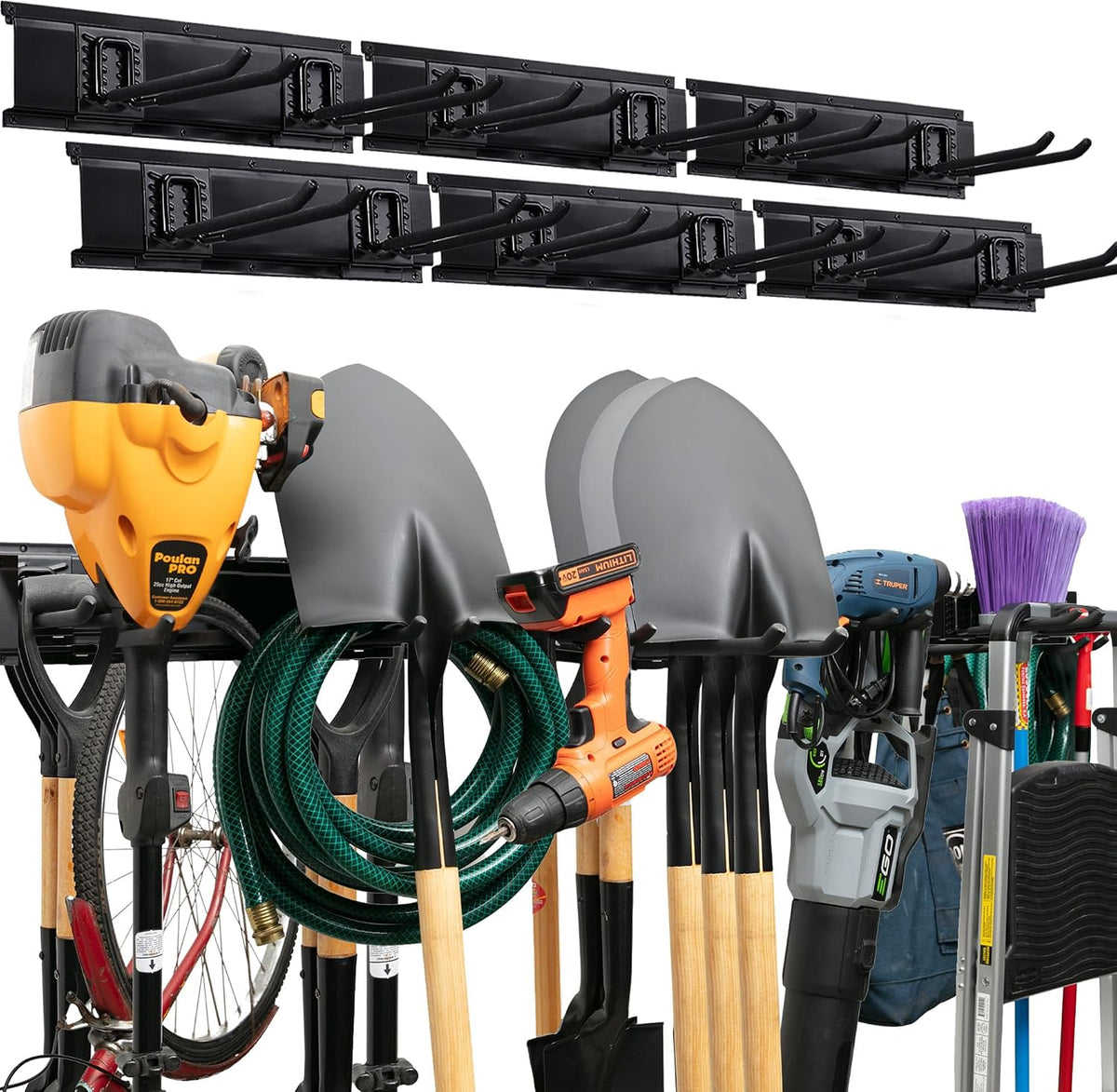 Garage Tool Organizer Wall Mount - 48 inches - Sturdy Storage Rack with Adjustable Hooks, Anti-Rust - Easy Installation, 300lbs Capacity - Garden Tool Organizer (03 Racks & 06 Hooks)