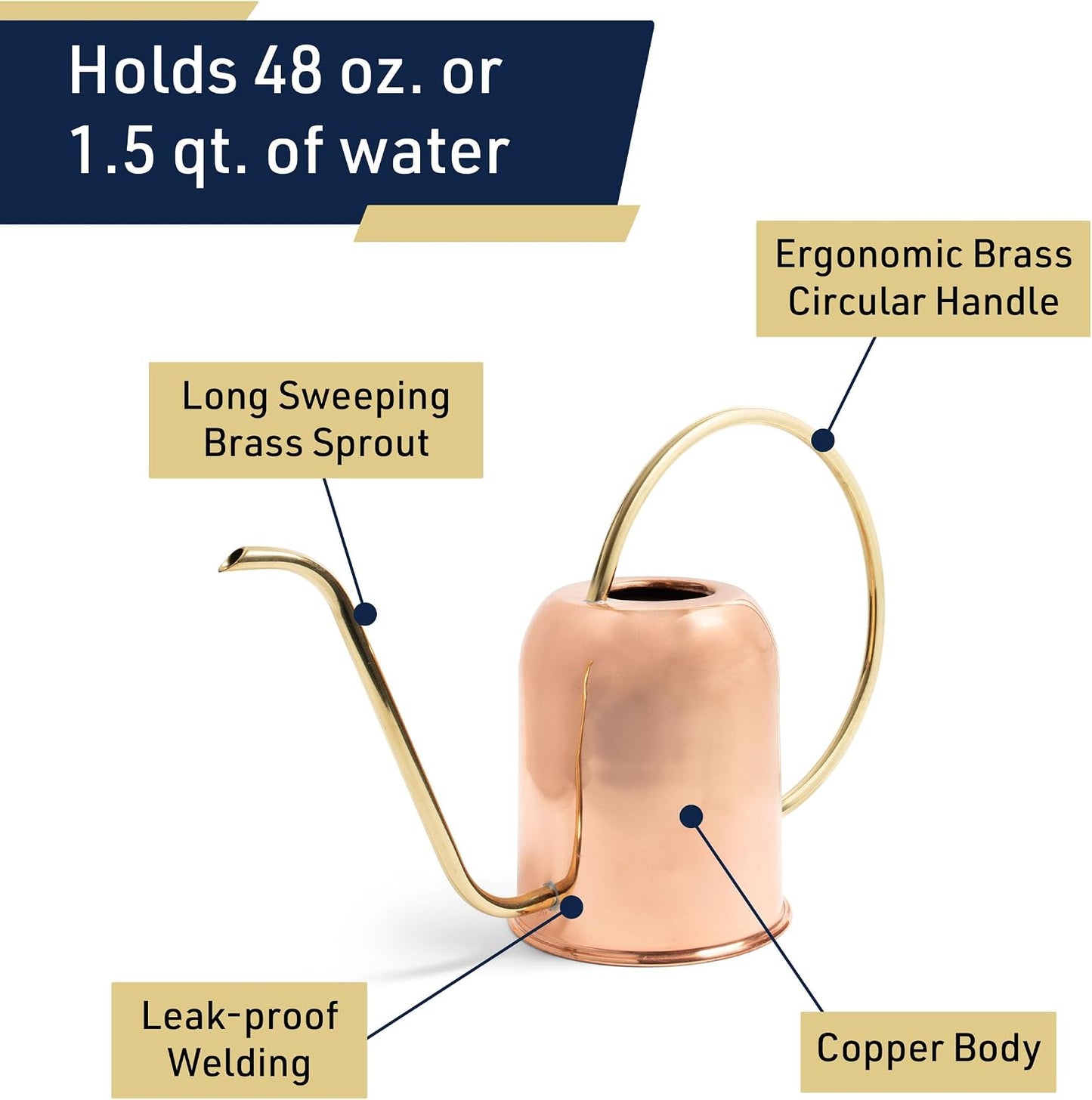 Copper Watering Can Indoor Plants - 48oz Long Spout Precise Small Water Can for Plants, Bonsai, Succulents, Houseplants, or Garden - Metal Inside or Outdoor Plant Watering Cans