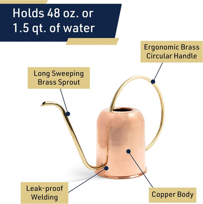 Copper Watering Can Indoor Plants - 48oz Long Spout Precise Small Water Can for Plants, Bonsai, Succulents, Houseplants, or Garden - Metal Inside or Outdoor Plant Watering Cans
