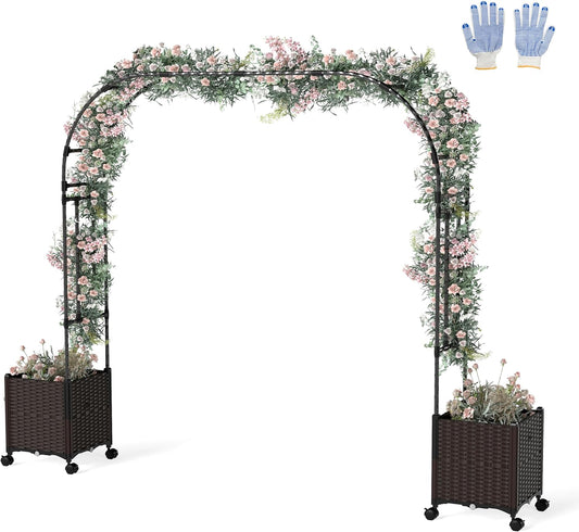 6.6 FT Garden Arbor with Planter Boxes, Arch Trellis for Climbing Plants, Self-Watering System, Drainage Design, Lockable Wheels, Outdoor Metal Archway for Backyard, Patio, Wedding Decor