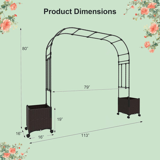 6.6 FT Garden Arbor with Planter Boxes, Arch Trellis for Climbing Plants, Self-Watering System, Drainage Design, Lockable Wheels, Outdoor Metal Archway for Backyard, Patio, Wedding Decor