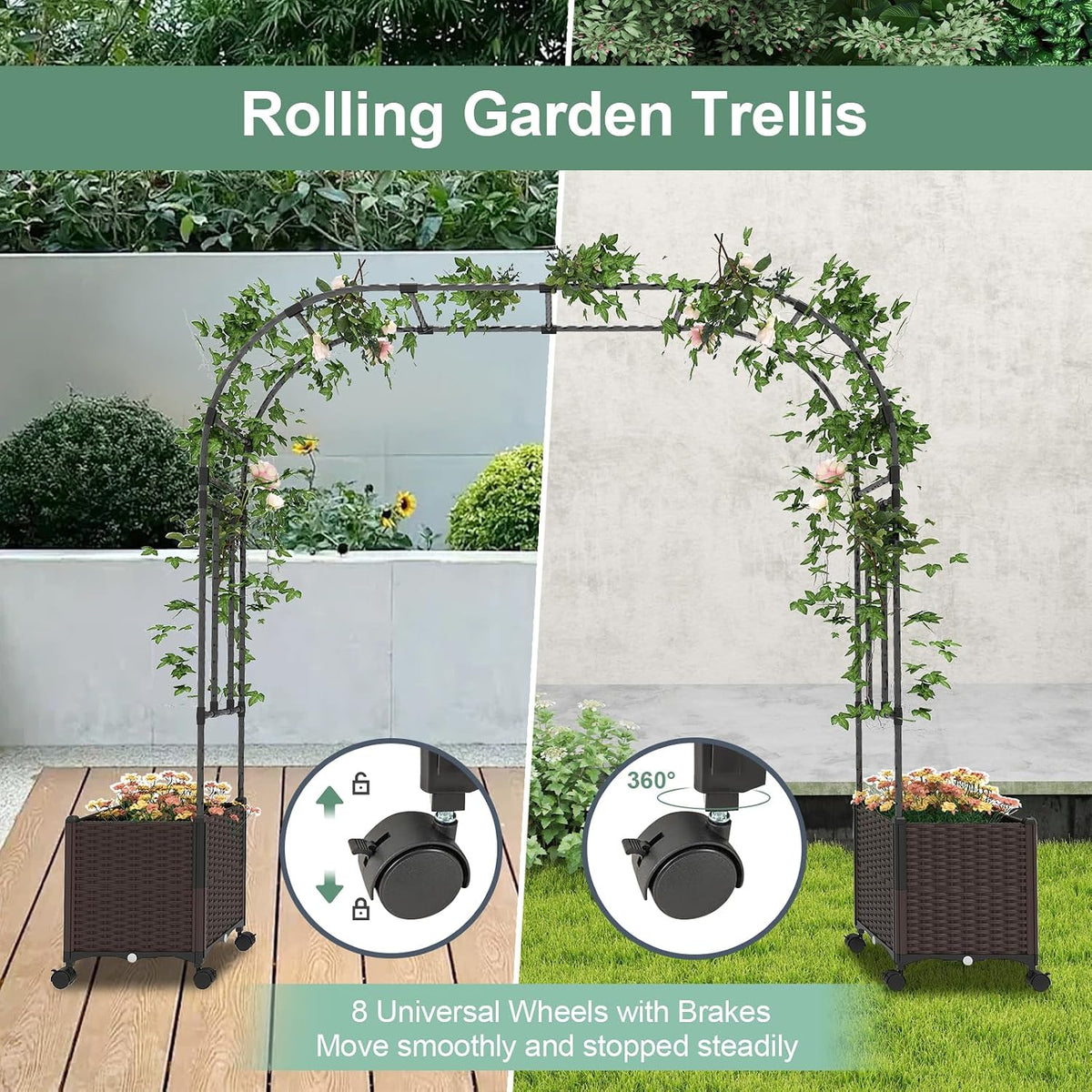 6.6 FT Garden Arbor with Planter Boxes, Arch Trellis for Climbing Plants, Self-Watering System, Drainage Design, Lockable Wheels, Outdoor Metal Archway for Backyard, Patio, Wedding Decor