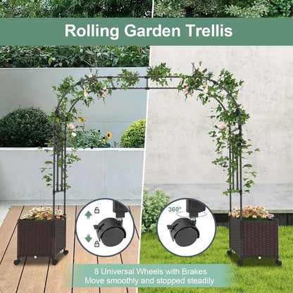 6.6 FT Garden Arbor with Planter Boxes, Arch Trellis for Climbing Plants, Self-Watering System, Drainage Design, Lockable Wheels, Outdoor Metal Archway for Backyard, Patio, Wedding Decor