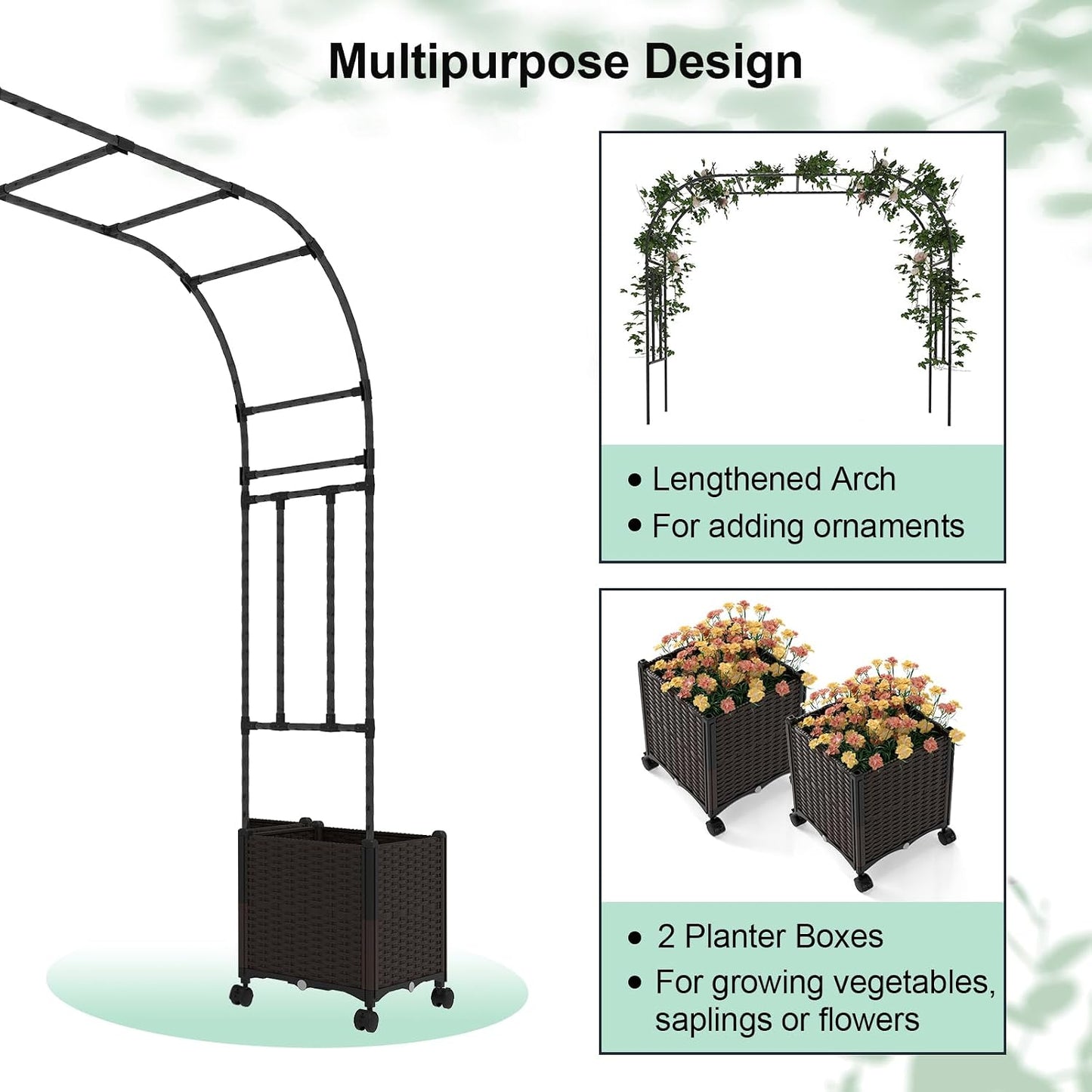 6.6 FT Garden Arbor with Planter Boxes, Arch Trellis for Climbing Plants, Self-Watering System, Drainage Design, Lockable Wheels, Outdoor Metal Archway for Backyard, Patio, Wedding Decor