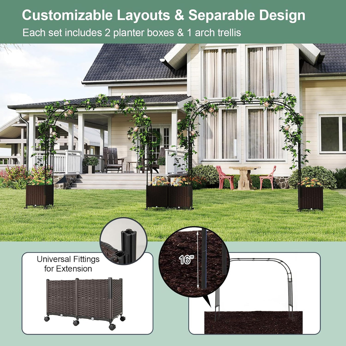 6.6 FT Garden Arbor with Planter Boxes, Arch Trellis for Climbing Plants, Self-Watering System, Drainage Design, Lockable Wheels, Outdoor Metal Archway for Backyard, Patio, Wedding Decor