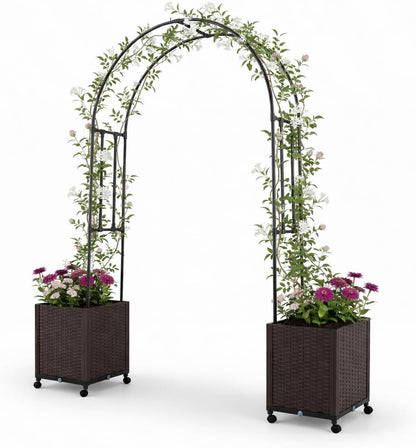6.6 FT Garden Arbor with Planter Boxes, Arch Trellis for Climbing Plants, Self-Watering System, Drainage Design, Lockable Wheels, Outdoor Metal Archway for Backyard, Patio, Wedding Decor