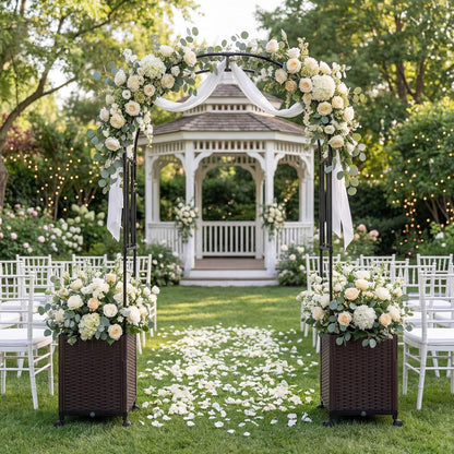 6.6 FT Garden Arbor with Planter Boxes, Arch Trellis for Climbing Plants, Self-Watering System, Drainage Design, Lockable Wheels, Outdoor Metal Archway for Backyard, Patio, Wedding Decor