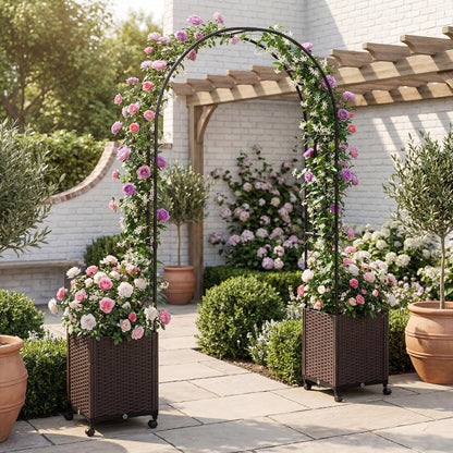 6.6 FT Garden Arbor with Planter Boxes, Arch Trellis for Climbing Plants, Self-Watering System, Drainage Design, Lockable Wheels, Outdoor Metal Archway for Backyard, Patio, Wedding Decor