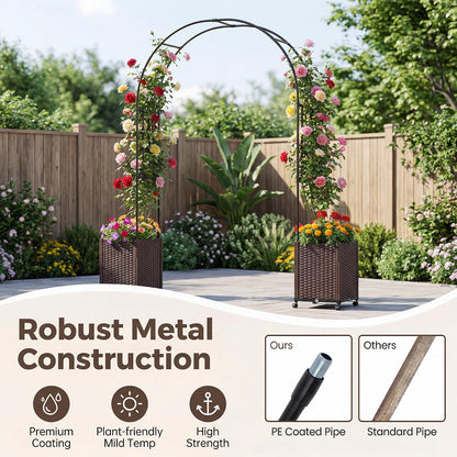 6.6 FT Garden Arbor with Planter Boxes, Arch Trellis for Climbing Plants, Self-Watering System, Drainage Design, Lockable Wheels, Outdoor Metal Archway for Backyard, Patio, Wedding Decor