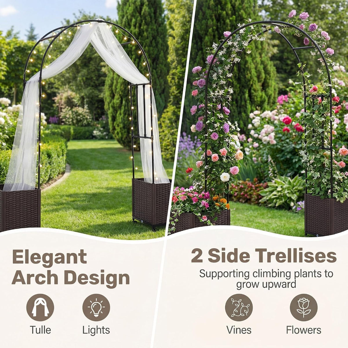 6.6 FT Garden Arbor with Planter Boxes, Arch Trellis for Climbing Plants, Self-Watering System, Drainage Design, Lockable Wheels, Outdoor Metal Archway for Backyard, Patio, Wedding Decor