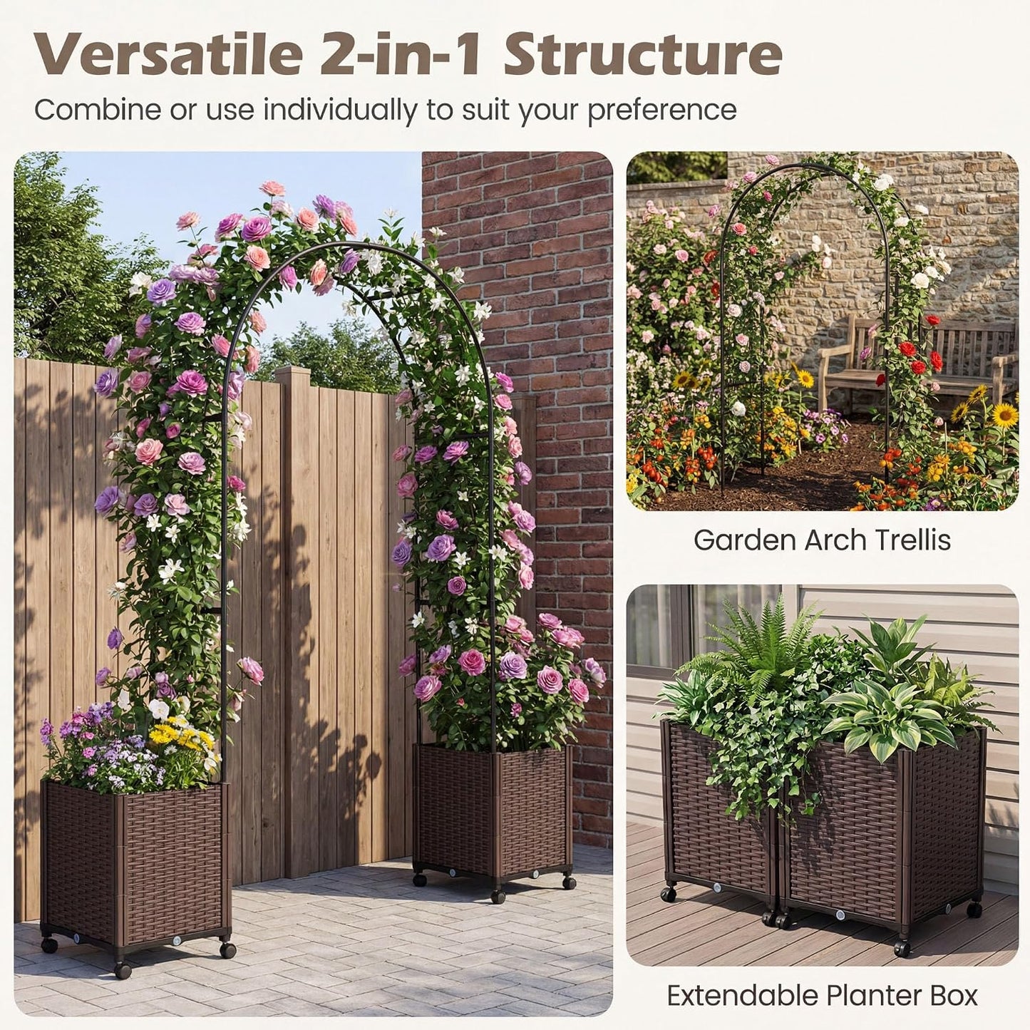 6.6 FT Garden Arbor with Planter Boxes, Arch Trellis for Climbing Plants, Self-Watering System, Drainage Design, Lockable Wheels, Outdoor Metal Archway for Backyard, Patio, Wedding Decor