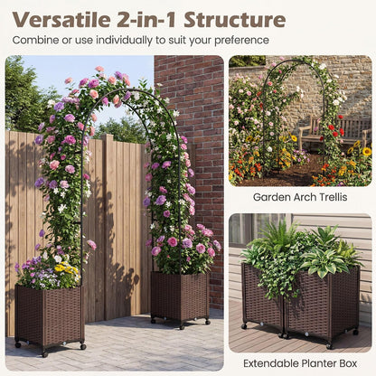 6.6 FT Garden Arbor with Planter Boxes, Arch Trellis for Climbing Plants, Self-Watering System, Drainage Design, Lockable Wheels, Outdoor Metal Archway for Backyard, Patio, Wedding Decor
