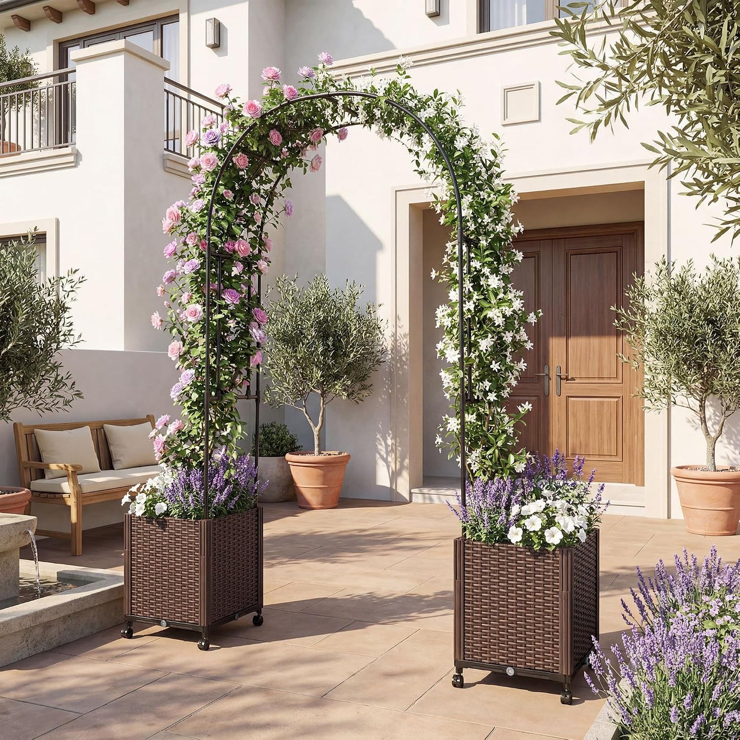 6.6 FT Garden Arbor with Planter Boxes, Arch Trellis for Climbing Plants, Self-Watering System, Drainage Design, Lockable Wheels, Outdoor Metal Archway for Backyard, Patio, Wedding Decor