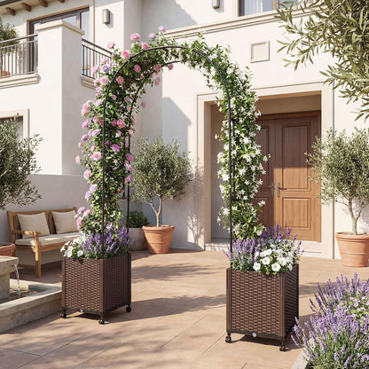 6.6 FT Garden Arbor with Planter Boxes, Arch Trellis for Climbing Plants, Self-Watering System, Drainage Design, Lockable Wheels, Outdoor Metal Archway for Backyard, Patio, Wedding Decor