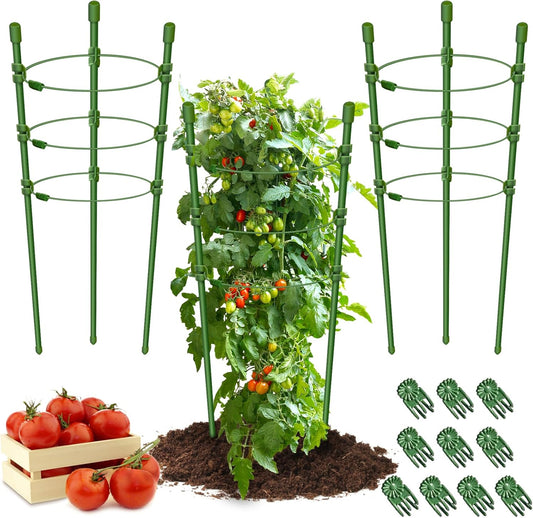 3 Packs Plant Support Cages Tomato Cage for Garden- 18 Inch Adjustable Garden Cucumber Trellis Plant Stakes, Trellis Support Rings for Climbing Plants, Pots, Indoor Plants with 10 Plant Clips