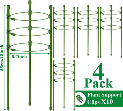 3 Packs Plant Support Cages Tomato Cage for Garden- 18 Inch Adjustable Garden Cucumber Trellis Plant Stakes, Trellis Support Rings for Climbing Plants, Pots, Indoor Plants with 10 Plant Clips