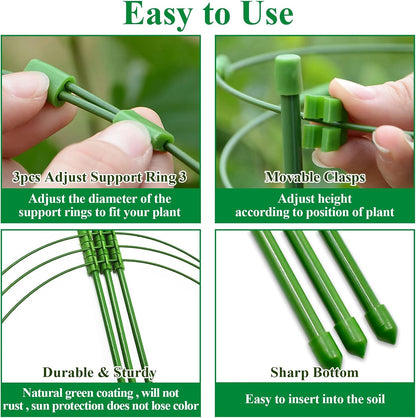 3 Packs Plant Support Cages Tomato Cage for Garden- 18 Inch Adjustable Garden Cucumber Trellis Plant Stakes, Trellis Support Rings for Climbing Plants, Pots, Indoor Plants with 10 Plant Clips