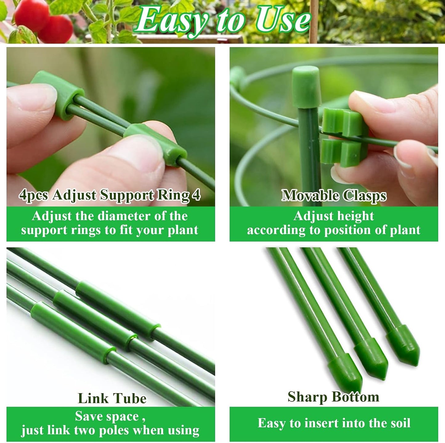 3 Packs Plant Support Cages Tomato Cage for Garden- 18 Inch Adjustable Garden Cucumber Trellis Plant Stakes, Trellis Support Rings for Climbing Plants, Pots, Indoor Plants with 10 Plant Clips