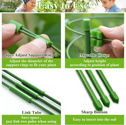 3 Packs Plant Support Cages Tomato Cage for Garden- 18 Inch Adjustable Garden Cucumber Trellis Plant Stakes, Trellis Support Rings for Climbing Plants, Pots, Indoor Plants with 10 Plant Clips