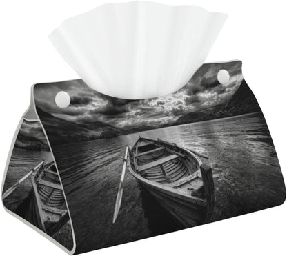 Wooden Row Boat Floating in The Water Tissue Box Cover Rectangle Pu Leather Tissue Box Holder for Car Bathroom Bedroom Desk Tabletop Decor