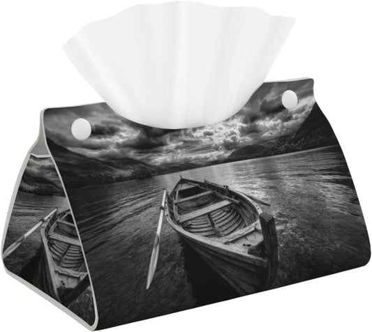 Wooden Row Boat Floating in The Water Tissue Box Cover Rectangle Pu Leather Tissue Box Holder for Car Bathroom Bedroom Desk Tabletop Decor