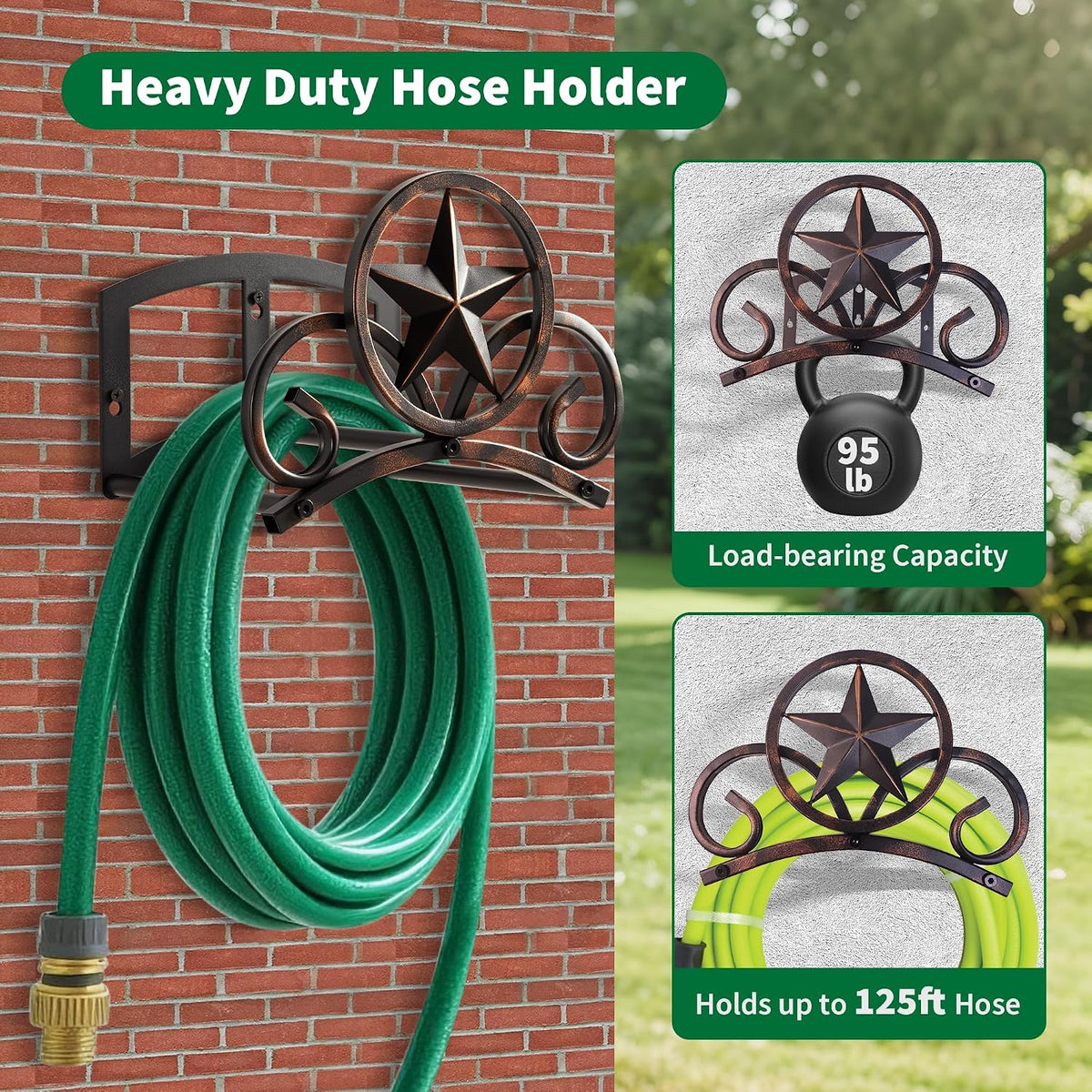 Garden Hose Holder Wall Mounted Decorative, Heavy Duty Metal Hose Hanger for Outside, Sturdy Water Hose Rack Holds 125-Feet of 5/8-Inch Hose, Water Hose Hooks