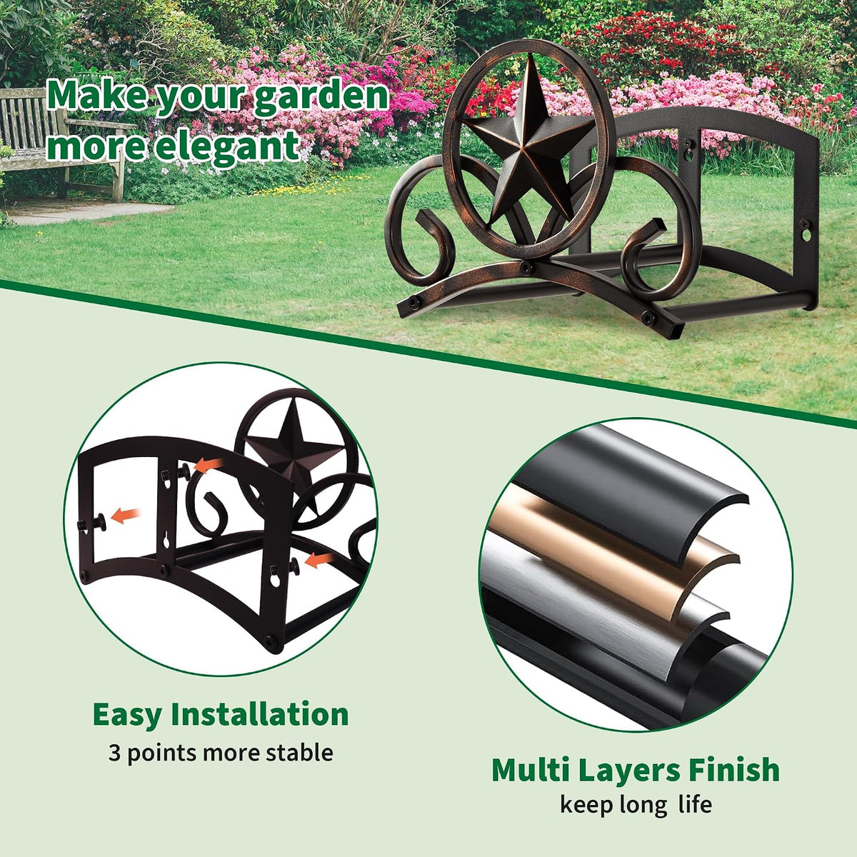 Garden Hose Holder Wall Mounted Decorative, Heavy Duty Metal Hose Hanger for Outside, Sturdy Water Hose Rack Holds 125-Feet of 5/8-Inch Hose, Water Hose Hooks
