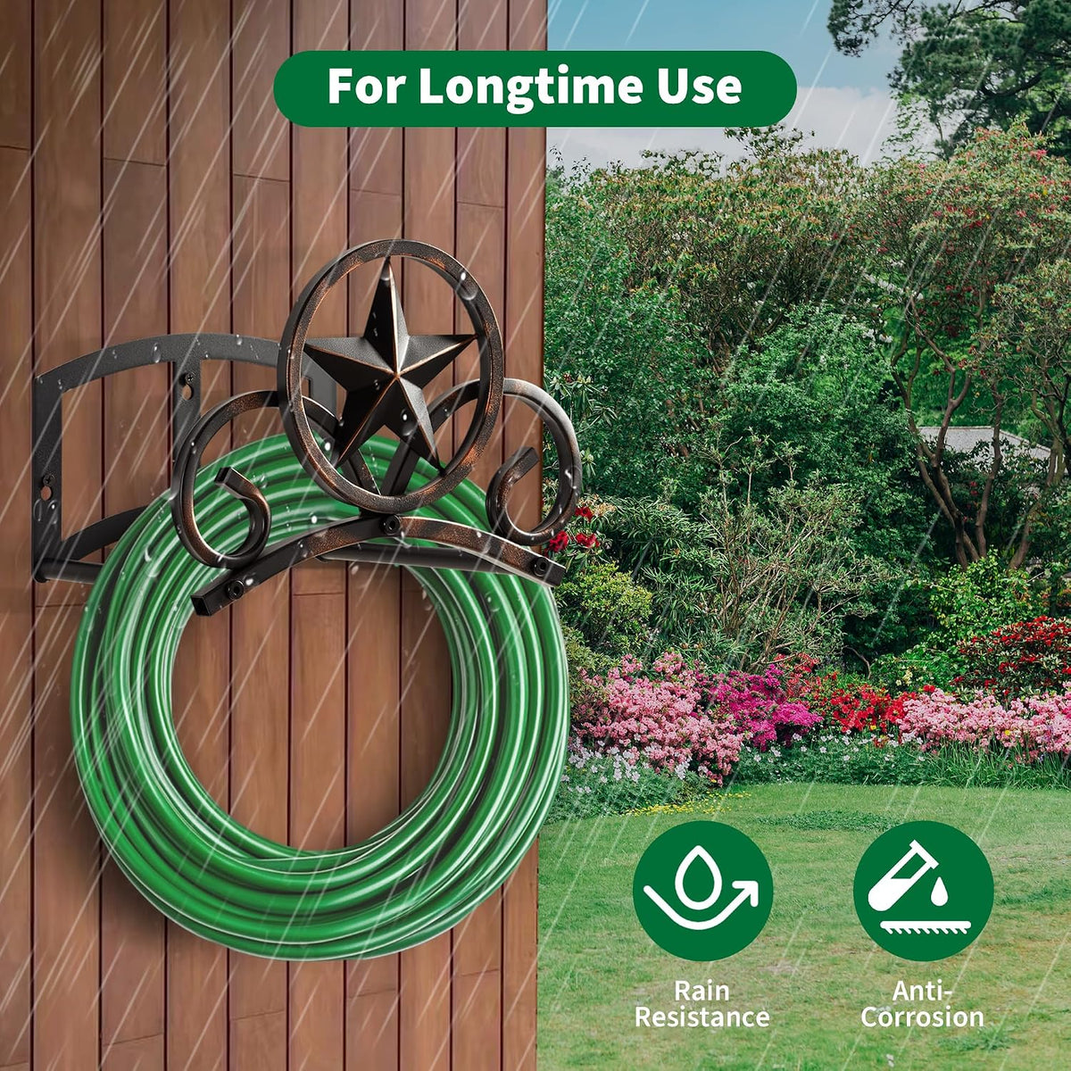 Garden Hose Holder Wall Mounted Decorative, Heavy Duty Metal Hose Hanger for Outside, Sturdy Water Hose Rack Holds 125-Feet of 5/8-Inch Hose, Water Hose Hooks