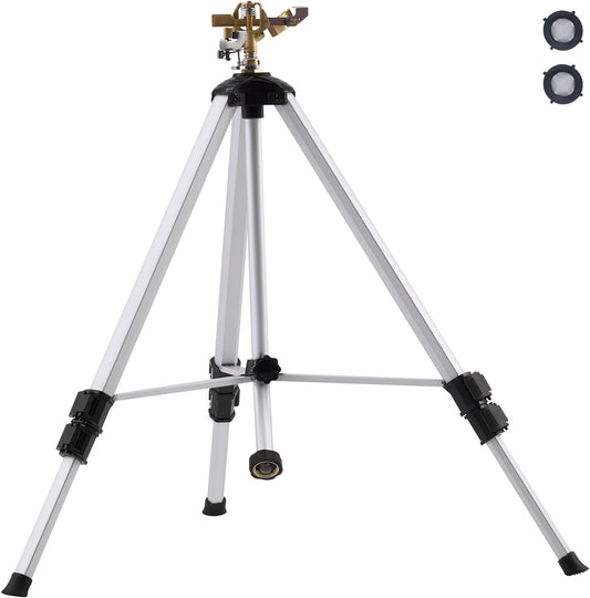 Impact Sprinkler on Tripod Base, Heavy Duty Tripod Sprinklers with Brass Head & 3/4" Connector, 360 Degree Large Area Coverage Irrigation Sprinkler, Adjustable Heights, for Yard Gray