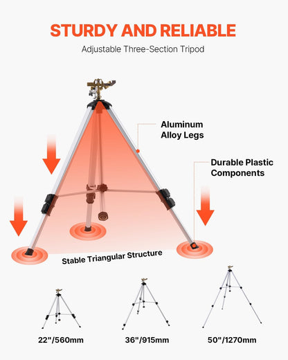 Impact Sprinkler on Tripod Base, Heavy Duty Tripod Sprinklers with Brass Head & 3/4" Connector, 360 Degree Large Area Coverage Irrigation Sprinkler, Adjustable Heights, for Yard Gray