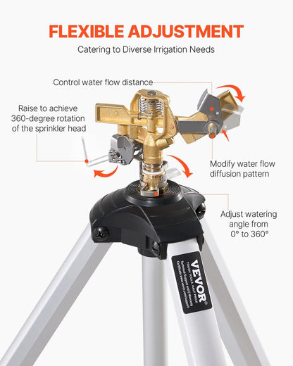 Impact Sprinkler on Tripod Base, Heavy Duty Tripod Sprinklers with Brass Head & 3/4" Connector, 360 Degree Large Area Coverage Irrigation Sprinkler, Adjustable Heights, for Yard Gray