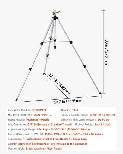 Impact Sprinkler on Tripod Base, Heavy Duty Tripod Sprinklers with Brass Head & 3/4" Connector, 360 Degree Large Area Coverage Irrigation Sprinkler, Adjustable Heights, for Yard Gray