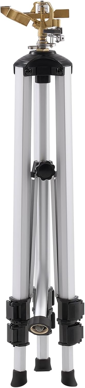 Impact Sprinkler on Tripod Base, Heavy Duty Tripod Sprinklers with Brass Head & 3/4" Connector, 360 Degree Large Area Coverage Irrigation Sprinkler, Adjustable Heights, for Yard Gray