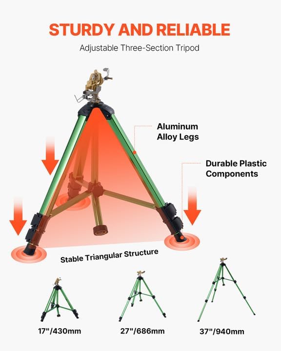 Impact Sprinkler on Tripod Base, Heavy Duty Tripod Sprinklers with Brass Head & 3/4" Connector, 360 Degree Large Area Coverage Irrigation Sprinkler, Adjustable Heights, for Yard Gray