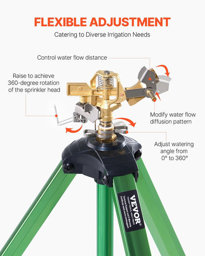 Impact Sprinkler on Tripod Base, Heavy Duty Tripod Sprinklers with Brass Head & 3/4" Connector, 360 Degree Large Area Coverage Irrigation Sprinkler, Adjustable Heights, for Yard Gray