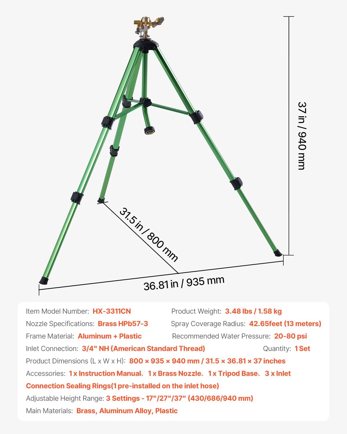 Impact Sprinkler on Tripod Base, Heavy Duty Tripod Sprinklers with Brass Head & 3/4" Connector, 360 Degree Large Area Coverage Irrigation Sprinkler, Adjustable Heights, for Yard Gray