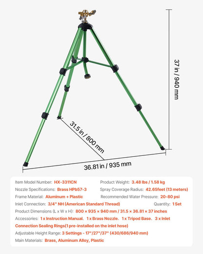 Impact Sprinkler on Tripod Base, Heavy Duty Tripod Sprinklers with Brass Head & 3/4" Connector, 360 Degree Large Area Coverage Irrigation Sprinkler, Adjustable Heights, for Yard Gray