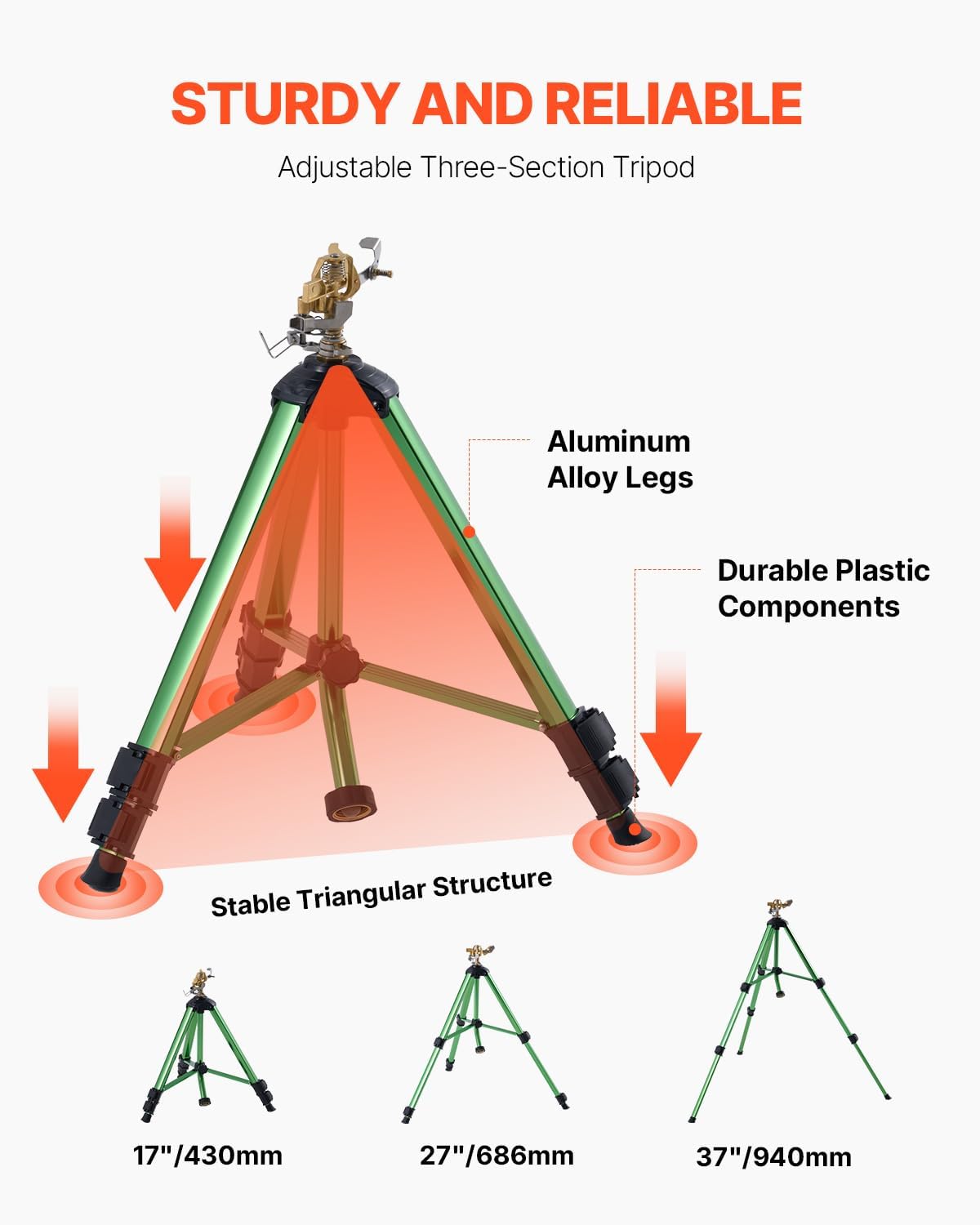 Impact Sprinkler on Tripod Base, Heavy Duty Tripod Sprinklers with Brass Head & 3/4" Connector, 360 Degree Large Area Coverage Irrigation Sprinkler, Adjustable Heights, for Yard Gray