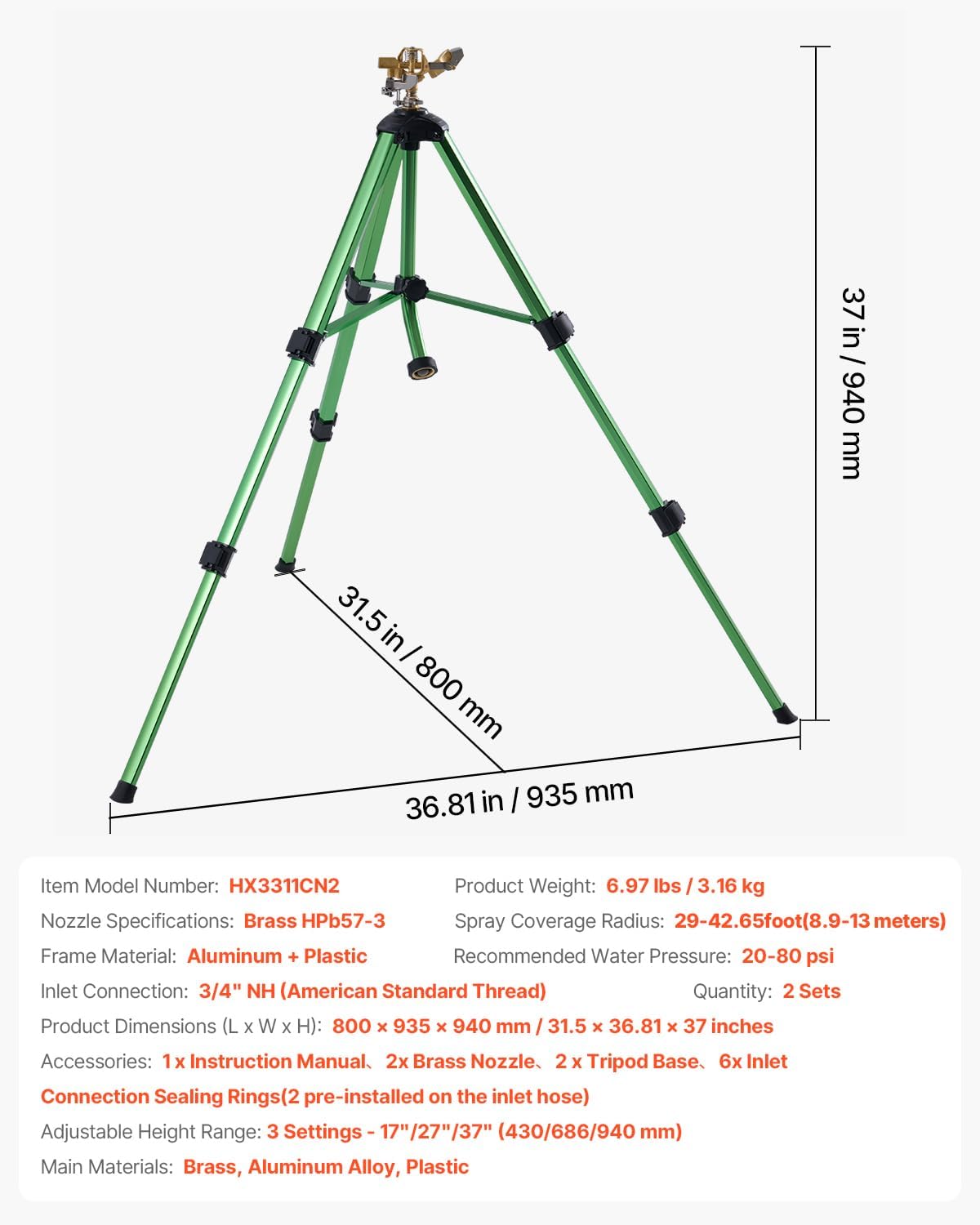 Impact Sprinkler on Tripod Base, Heavy Duty Tripod Sprinklers with Brass Head & 3/4" Connector, 360 Degree Large Area Coverage Irrigation Sprinkler, Adjustable Heights, for Yard Gray