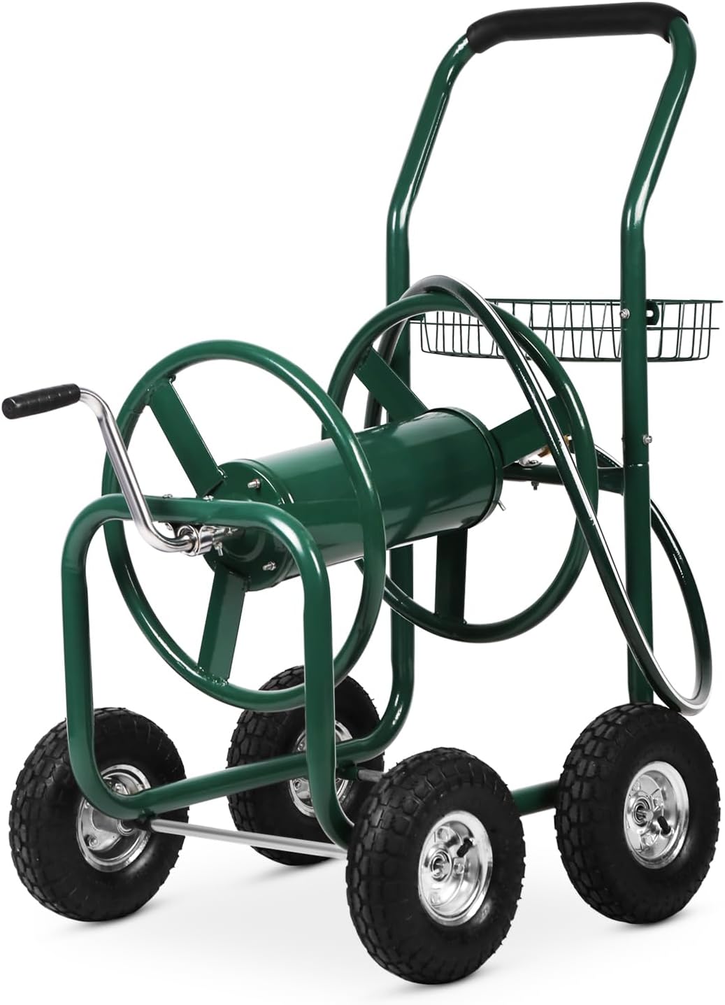 Hose Reel Cart, Hold Up to 300 ft of 5/8’’ Hose, Heavy Duty Garden Water Cart with 4 Wheels, Powder-coated Steel Outdoor Planting with Storage Basket for Garden, Lawn, Yard, Green