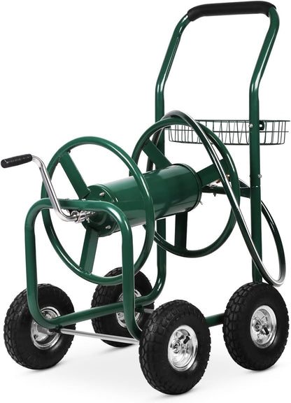 Hose Reel Cart, Hold Up to 300 ft of 5/8’’ Hose, Heavy Duty Garden Water Cart with 4 Wheels, Powder-coated Steel Outdoor Planting with Storage Basket for Garden, Lawn, Yard, Green
