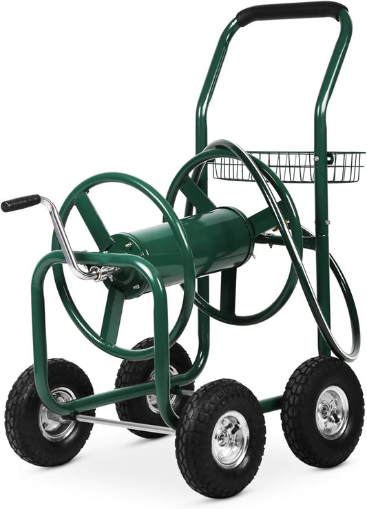 Hose Reel Cart, Hold Up to 300 ft of 5/8’’ Hose, Heavy Duty Garden Water Cart with 4 Wheels, Powder-coated Steel Outdoor Planting with Storage Basket for Garden, Lawn, Yard, Green
