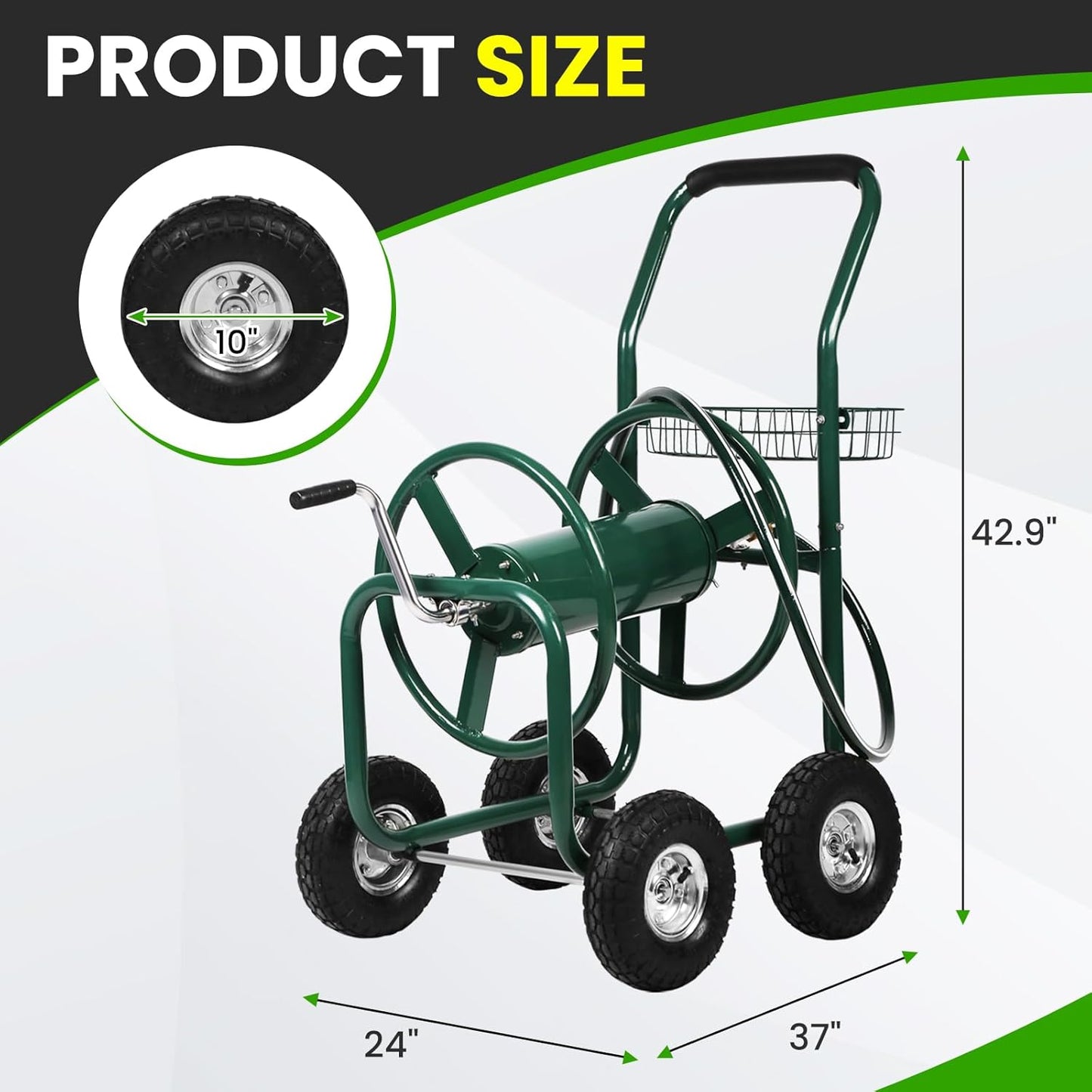 Hose Reel Cart, Hold Up to 300 ft of 5/8’’ Hose, Heavy Duty Garden Water Cart with 4 Wheels, Powder-coated Steel Outdoor Planting with Storage Basket for Garden, Lawn, Yard, Green