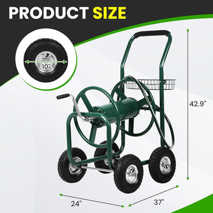 Hose Reel Cart, Hold Up to 300 ft of 5/8’’ Hose, Heavy Duty Garden Water Cart with 4 Wheels, Powder-coated Steel Outdoor Planting with Storage Basket for Garden, Lawn, Yard, Green