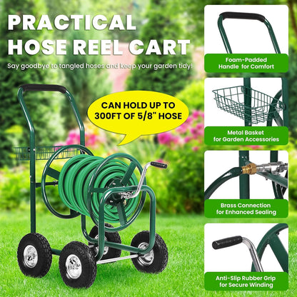 Hose Reel Cart, Hold Up to 300 ft of 5/8’’ Hose, Heavy Duty Garden Water Cart with 4 Wheels, Powder-coated Steel Outdoor Planting with Storage Basket for Garden, Lawn, Yard, Green