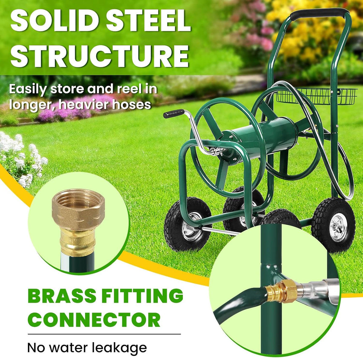 Hose Reel Cart, Hold Up to 300 ft of 5/8’’ Hose, Heavy Duty Garden Water Cart with 4 Wheels, Powder-coated Steel Outdoor Planting with Storage Basket for Garden, Lawn, Yard, Green