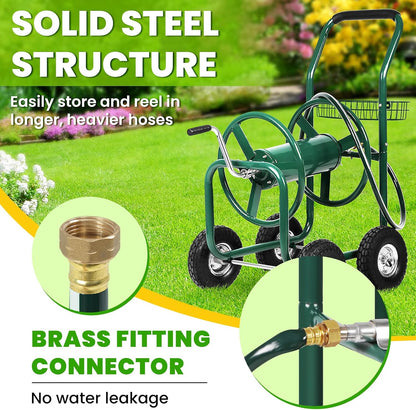 Hose Reel Cart, Hold Up to 300 ft of 5/8’’ Hose, Heavy Duty Garden Water Cart with 4 Wheels, Powder-coated Steel Outdoor Planting with Storage Basket for Garden, Lawn, Yard, Green
