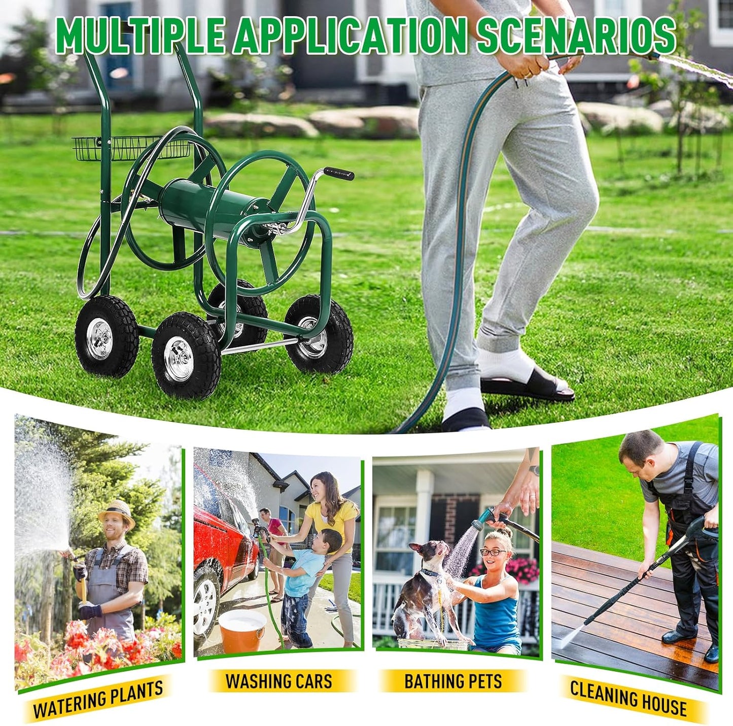 Hose Reel Cart, Hold Up to 300 ft of 5/8’’ Hose, Heavy Duty Garden Water Cart with 4 Wheels, Powder-coated Steel Outdoor Planting with Storage Basket for Garden, Lawn, Yard, Green