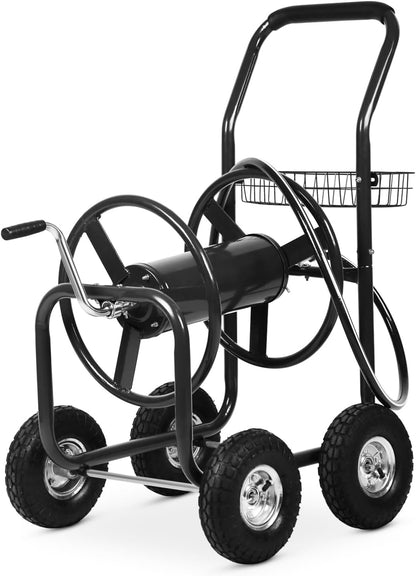 Hose Reel Cart, Hold Up to 300 ft of 5/8’’ Hose, Heavy Duty Garden Water Cart with 4 Wheels, Powder-coated Steel Outdoor Planting with Storage Basket for Garden, Lawn, Yard, Green