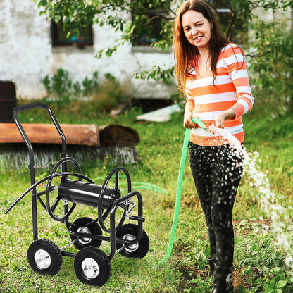 Hose Reel Cart, Hold Up to 300 ft of 5/8’’ Hose, Heavy Duty Garden Water Cart with 4 Wheels, Powder-coated Steel Outdoor Planting with Storage Basket for Garden, Lawn, Yard, Green